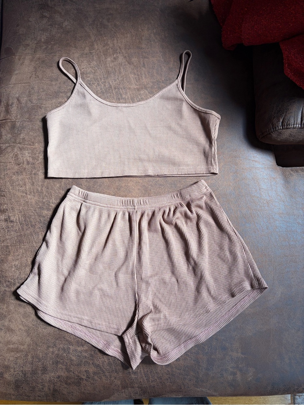 SHEIN Ribbed Spaghetti Strap Crop Top & Shorts Set - Light Beige